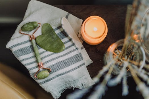 A serene spa setup featuring a jade roller, gua sha, towel, and candle for ultimate relaxation.