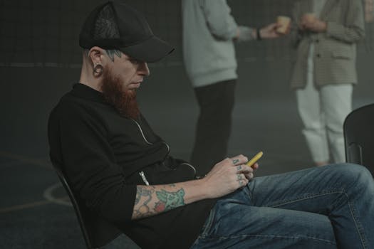A tattooed man in casual attire using a smartphone at an indoor social event with other attendees.