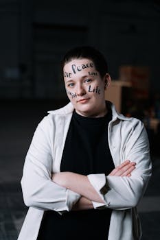 Confident person with words of peace and love painted on face.