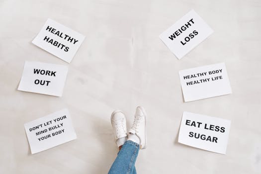 Inspirational health and fitness messages with shoe-clad feet, promoting healthy habits and wellbeing.