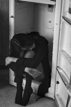 Somber black and white image of a woman sitting inside an open fridge, evoking feelings of isolation.