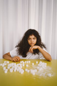 Thoughtful woman sits with sugar cubes, highlighting dietary choices.
