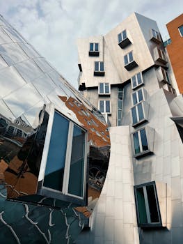 Intricate modern design of MIT's Stata Center in Cambridge, showcasing innovative architecture.
